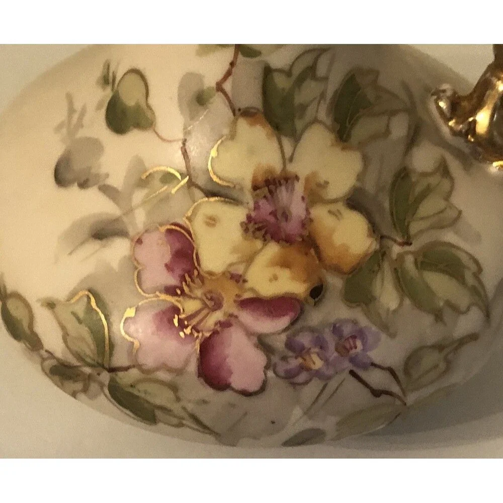 Antique Art Nouveau Ewer Austria Pink Floral Pitcher 5 1/4”h gold Handle